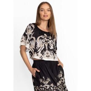 Johnny Was Santi Cropped Blouse XS Silk Blend Black White Monochromatic Contrast